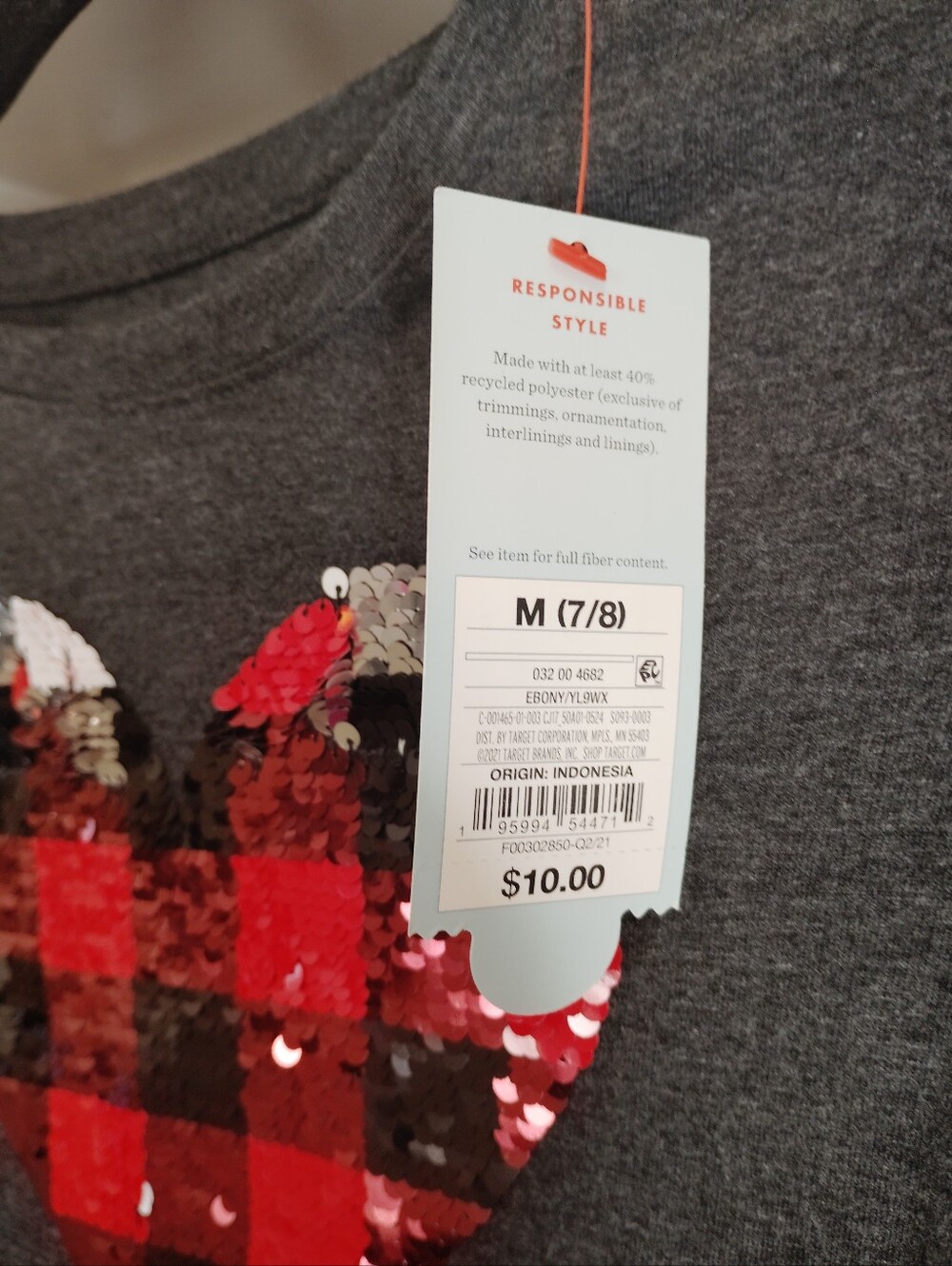 Nwt Med Target Gray Long-Sleeve Tee with Red & Black Sequin Heart - Picture 3 of 7
